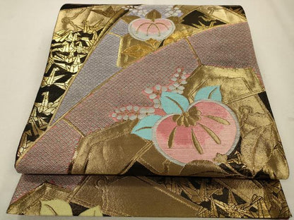 平和屋着物◎六通柄袋帯 源氏車草花文 折り鶴 金糸 正絹 逸品 CABA3690qe