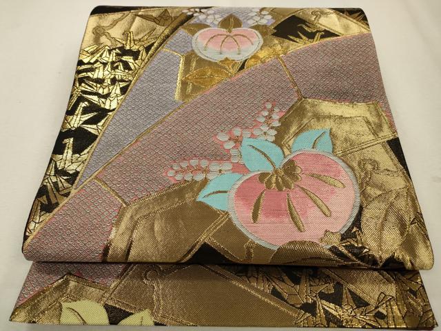 平和屋着物◎六通柄袋帯 源氏車草花文 折り鶴 金糸 正絹 逸品 CABA3690qe