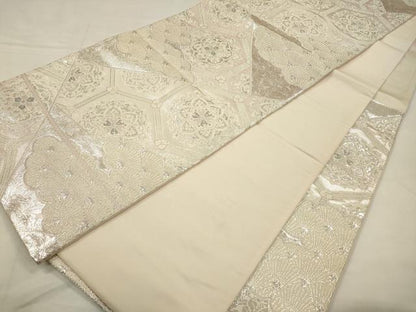 平和屋着物◎六通柄袋帯　正倉院亀甲花文　銀糸　正絹　逸品　CABA3709qe