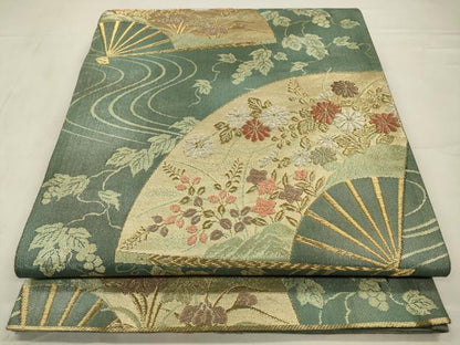 平和屋着物◎六通柄袋帯　花扇流水文様　金銀糸　正絹　逸品　CABA3719qe