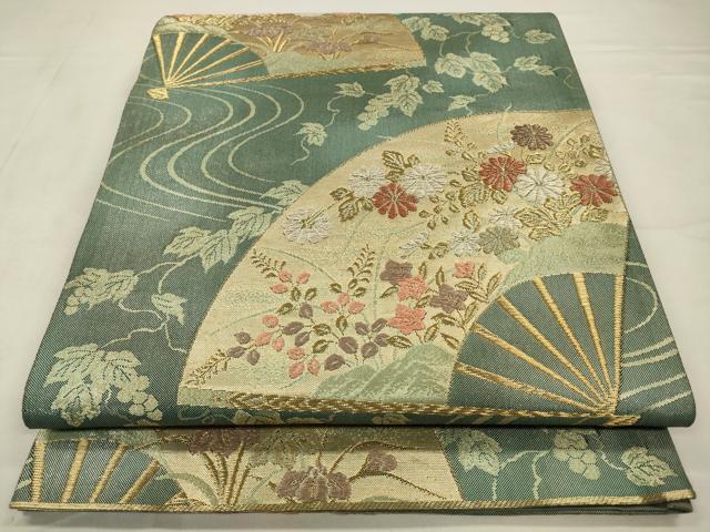 平和屋着物◎六通柄袋帯　花扇流水文様　金銀糸　正絹　逸品　CABA3719qe