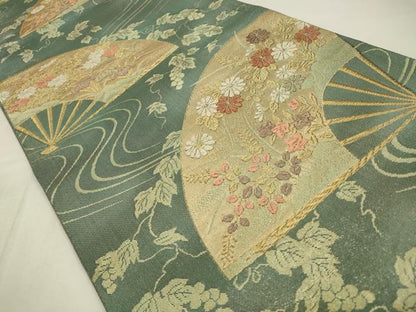 平和屋着物◎六通柄袋帯　花扇流水文様　金銀糸　正絹　逸品　CABA3719qe
