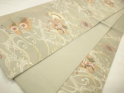 平和屋着物◎六通柄袋帯　檜扇花扇　京乃舞　金糸　正絹　逸品　CABA3721qe