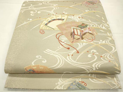 平和屋着物◎六通柄袋帯　檜扇花扇　京乃舞　金糸　正絹　逸品　CABA3721qe