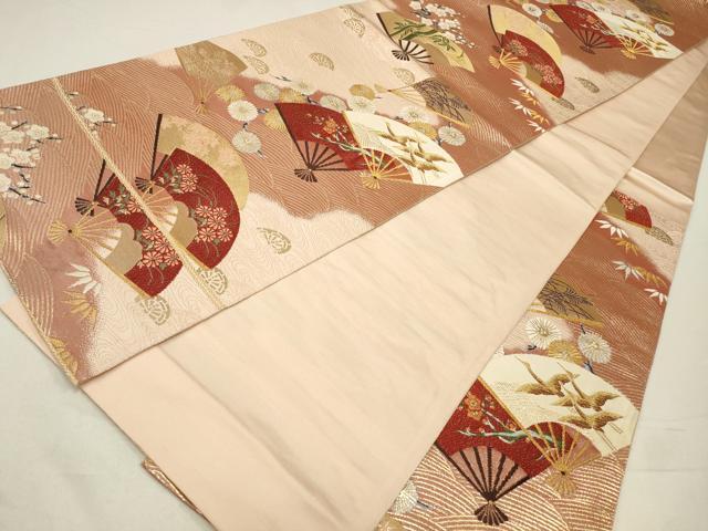平和屋着物◎六通柄袋帯　唐織り　蒔絵扇面ちらし　鶴　漆箔　正絹　逸品　CABA3739qe