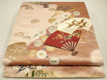 平和屋着物◎六通柄袋帯　唐織り　蒔絵扇面ちらし　鶴　漆箔　正絹　逸品　CABA3739qe