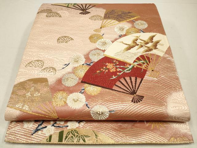 平和屋着物◎六通柄袋帯　唐織り　蒔絵扇面ちらし　鶴　漆箔　正絹　逸品　CABA3739qe