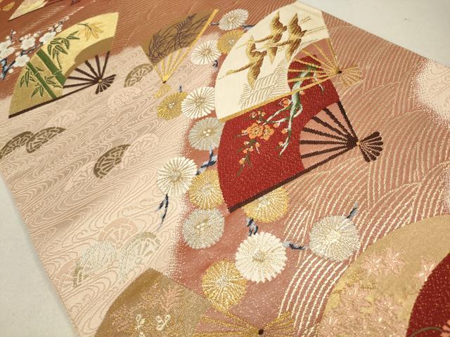平和屋着物◎六通柄袋帯　唐織り　蒔絵扇面ちらし　鶴　漆箔　正絹　逸品　CABA3739qe