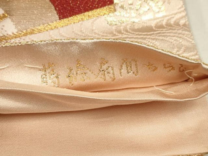 平和屋着物◎六通柄袋帯　唐織り　蒔絵扇面ちらし　鶴　漆箔　正絹　逸品　CABA3739qe