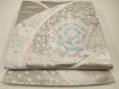 平和屋着物◎六通柄袋帯　扇面鳳華文　プラチナ箔　正絹　逸品　CABA3746qe
