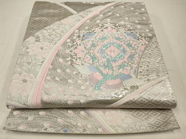 平和屋着物◎六通柄袋帯　扇面鳳華文　プラチナ箔　正絹　逸品　CABA3746qe