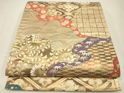 平和屋着物◎六通柄袋帯　道長文　金糸　正絹　逸品　CABA3748qe