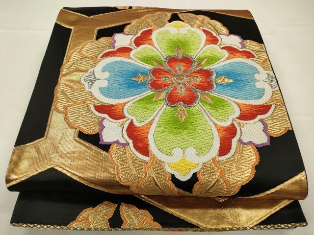 平和屋着物◎六通柄袋帯　唐織　正倉院花文　黒地　金銀糸　正絹　逸品　CABA3765qe