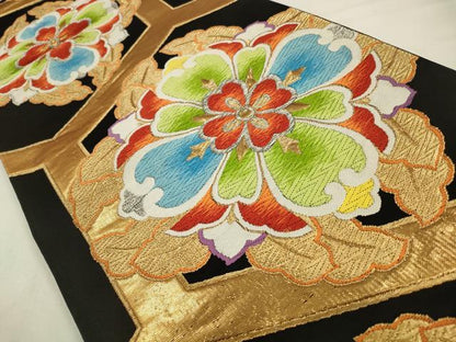 平和屋着物◎六通柄袋帯　唐織　正倉院花文　黒地　金銀糸　正絹　逸品　CABA3765qe