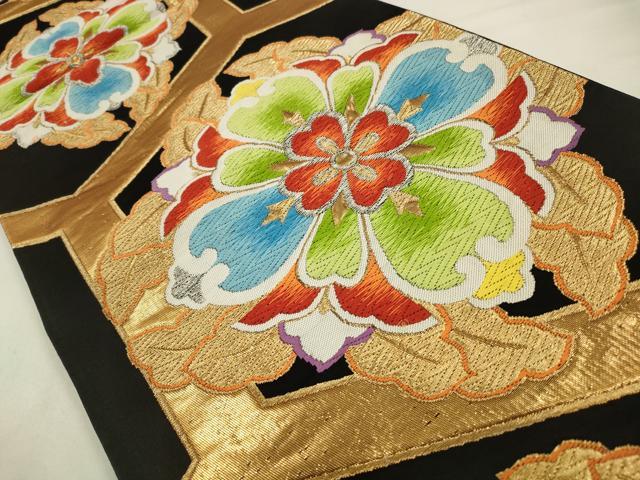 平和屋着物◎六通柄袋帯　唐織　正倉院花文　黒地　金銀糸　正絹　逸品　CABA3765qe