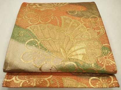 平和屋着物◎佐賀錦　両面　六通柄袋帯　花蝶文　金糸　正絹　逸品　CABA3798qe