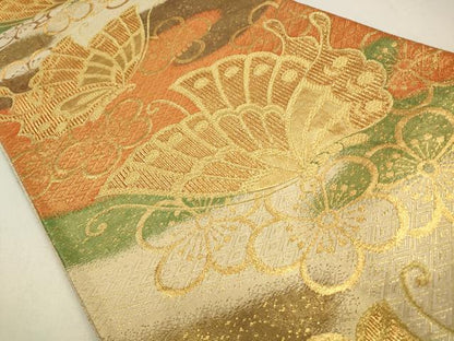 平和屋着物◎佐賀錦　両面　六通柄袋帯　花蝶文　金糸　正絹　逸品　CABA3798qe
