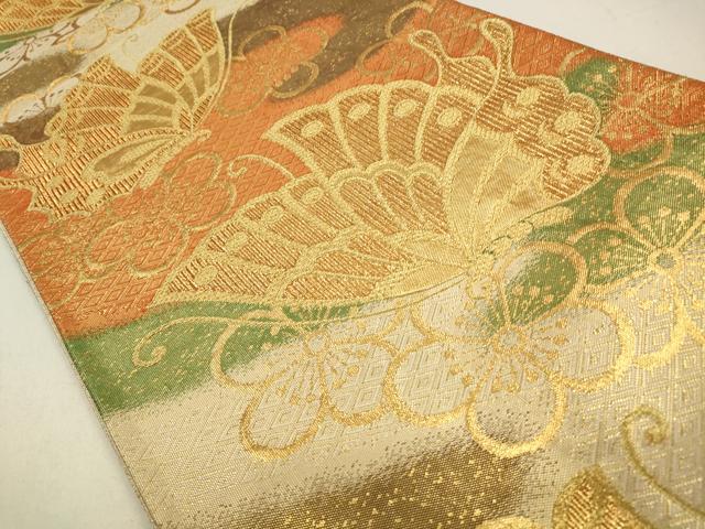 平和屋着物◎佐賀錦　両面　六通柄袋帯　花蝶文　金糸　正絹　逸品　CABA3798qe