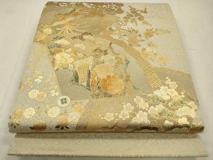 平和屋着物◎太鼓柄袋帯　扇面御所車花文　金銀彩　正絹　逸品　CABA3806qe