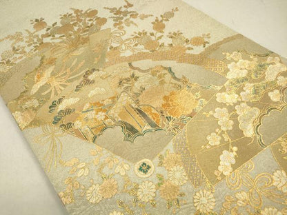 平和屋着物◎太鼓柄袋帯　扇面御所車花文　金銀彩　正絹　逸品　CABA3806qe