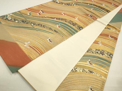 平和屋着物◎六通柄袋帯　唐織　流水花蝶文　金糸　正絹　逸品　CABA3810qe