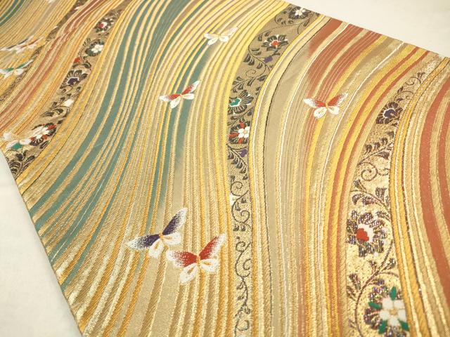平和屋着物◎六通柄袋帯　唐織　流水花蝶文　金糸　正絹　逸品　CABA3810qe