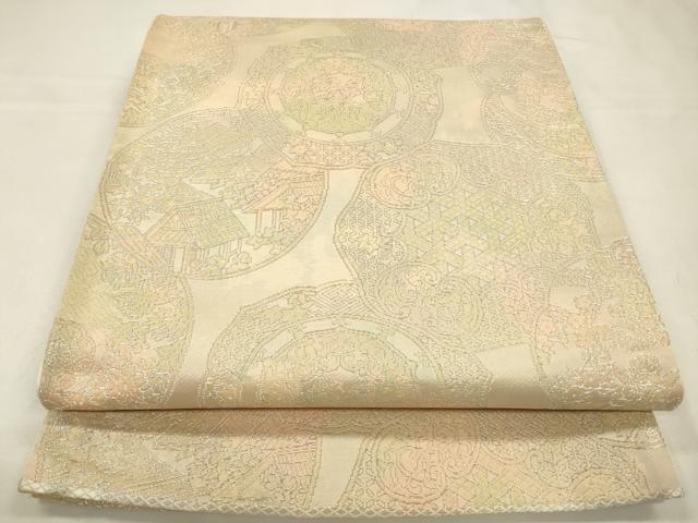 平和屋着物◎六通柄袋帯　絵皿風景文　銀糸　正絹　逸品　CABA3822qe