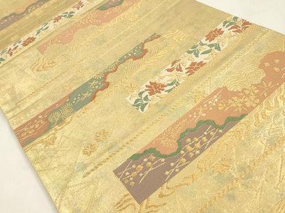 平和屋着物◎六通柄袋帯　過煽り　横段花鳥文　金糸　引箔　三越扱い　正絹　逸品　CABA3826qe