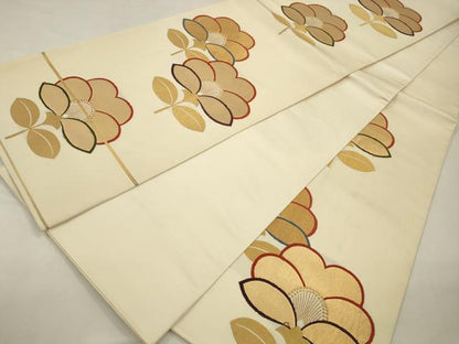 平和屋着物◎六通柄袋帯　草花文　椿　しんめ　金糸　正絹　逸品　CABA3830qe