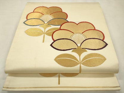 平和屋着物◎六通柄袋帯　草花文　椿　しんめ　金糸　正絹　逸品　CABA3830qe