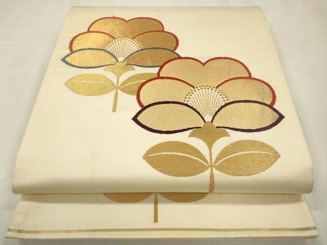 平和屋着物◎六通柄袋帯　草花文　椿　しんめ　金糸　正絹　逸品　CABA3830qe