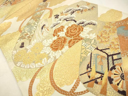 平和屋着物◎六通柄袋帯　唐織　絵巻吉祥花文　金糸　正絹　逸品　CABA3841qe
