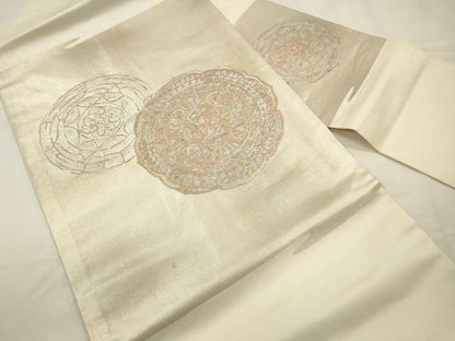平和屋着物◎九寸名古屋帯　鏡裏花文　金銀糸　引箔　正絹　逸品　CABA3849qe