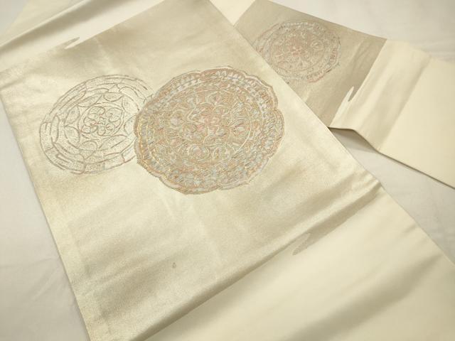 平和屋着物◎九寸名古屋帯　鏡裏花文　金銀糸　引箔　正絹　逸品　CABA3849qe
