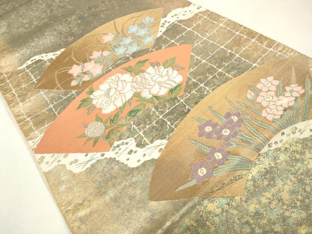 平和屋着物◎西陣　服部織物謹製　六通柄袋帯　唐織　地紙草花文　こはく錦　手工芸　金銀糸　引箔　正絹　逸品　CABA3860qe