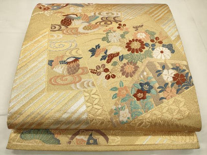 平和屋着物◎六通柄袋帯　唐織　色紙鴛鴦花文　金銀糸　正絹　逸品　CABA3861qv