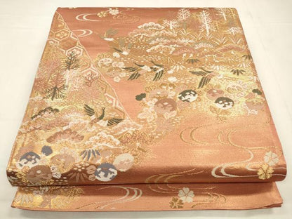 平和屋着物◎六通柄袋帯　唐織　流水飛鶴松文　金糸　正絹　逸品　CABA3862qv