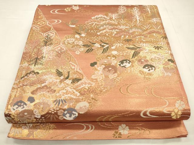 平和屋着物◎六通柄袋帯　唐織　流水飛鶴松文　金糸　正絹　逸品　CABA3862qv