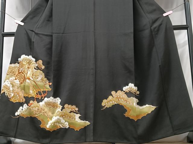 平和屋着物■豪華黒留袖　駒刺繍　御所車吉祥花文　金銀彩　正絹　逸品　CABA4160xe