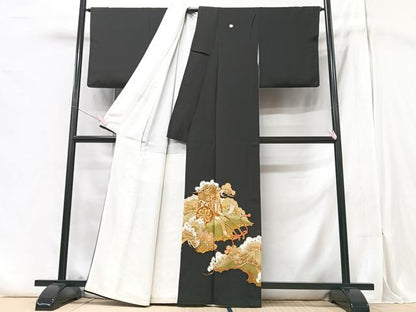平和屋着物■豪華黒留袖　駒刺繍　御所車吉祥花文　金銀彩　正絹　逸品　CABA4160xe