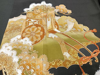 平和屋着物■豪華黒留袖　駒刺繍　御所車吉祥花文　金銀彩　正絹　逸品　CABA4160xe