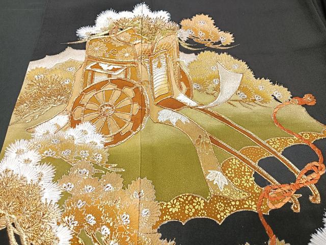 平和屋着物■豪華黒留袖　駒刺繍　御所車吉祥花文　金銀彩　正絹　逸品　CABA4160xe