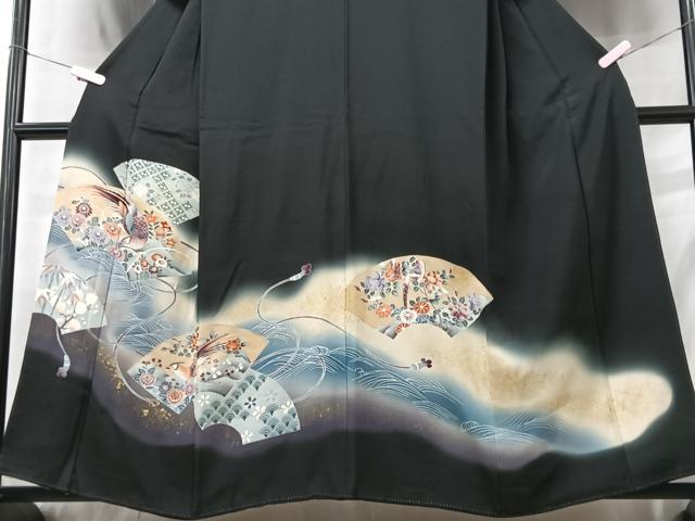 平和屋着物□豪華黒留袖 地紙花鳥文 暈し染め 正絹 逸品
