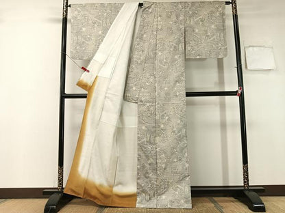 平和屋着物●本場大島紬　白大島　9マルキ　風景花文　正絹　逸品　CABA4641vp