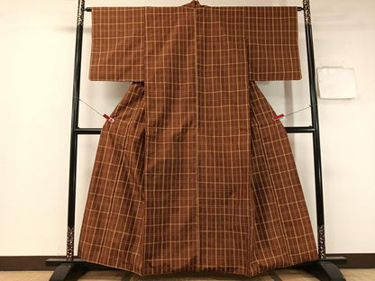 平和屋着物●上質な紬　格子柄　正絹　逸品　CABA4728vp