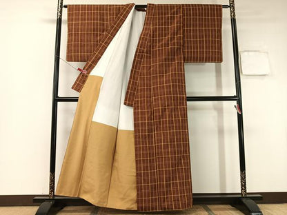 平和屋着物●上質な紬　格子柄　正絹　逸品　CABA4728vp