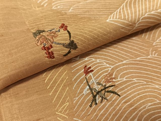 平和屋着物●訪問着　白山紬　刺繍　立波葡萄蔦の葉間道　金糸　正絹　逸品　CABA4737vp