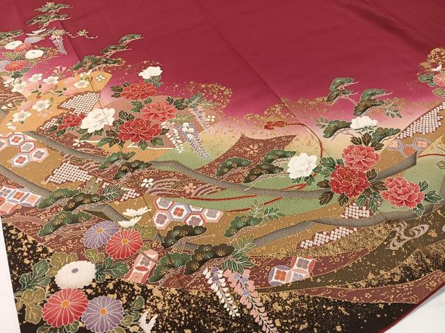 平和屋着物●豪華振袖　檜扇熨斗花文　暈し染め　金彩　正絹　逸品　CABA4755vp 平和屋着物○豪華振袖 檜扇熨斗花文 暈し染め 金彩 正絹