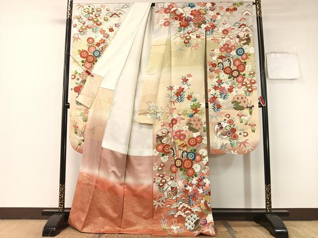平和屋着物●豪華振袖　駒刺繍　雪輪吉祥花鳥文　暈し染め　金彩　正絹　逸品　CABA4759vp 平和屋着物○豪華振袖 駒刺繍 雪輪吉祥花鳥文 暈し染め 金彩