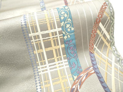 平和屋着物●六通柄袋帯 唐織 幾何学花文 銀糸 正絹 逸品 CABA4832hy